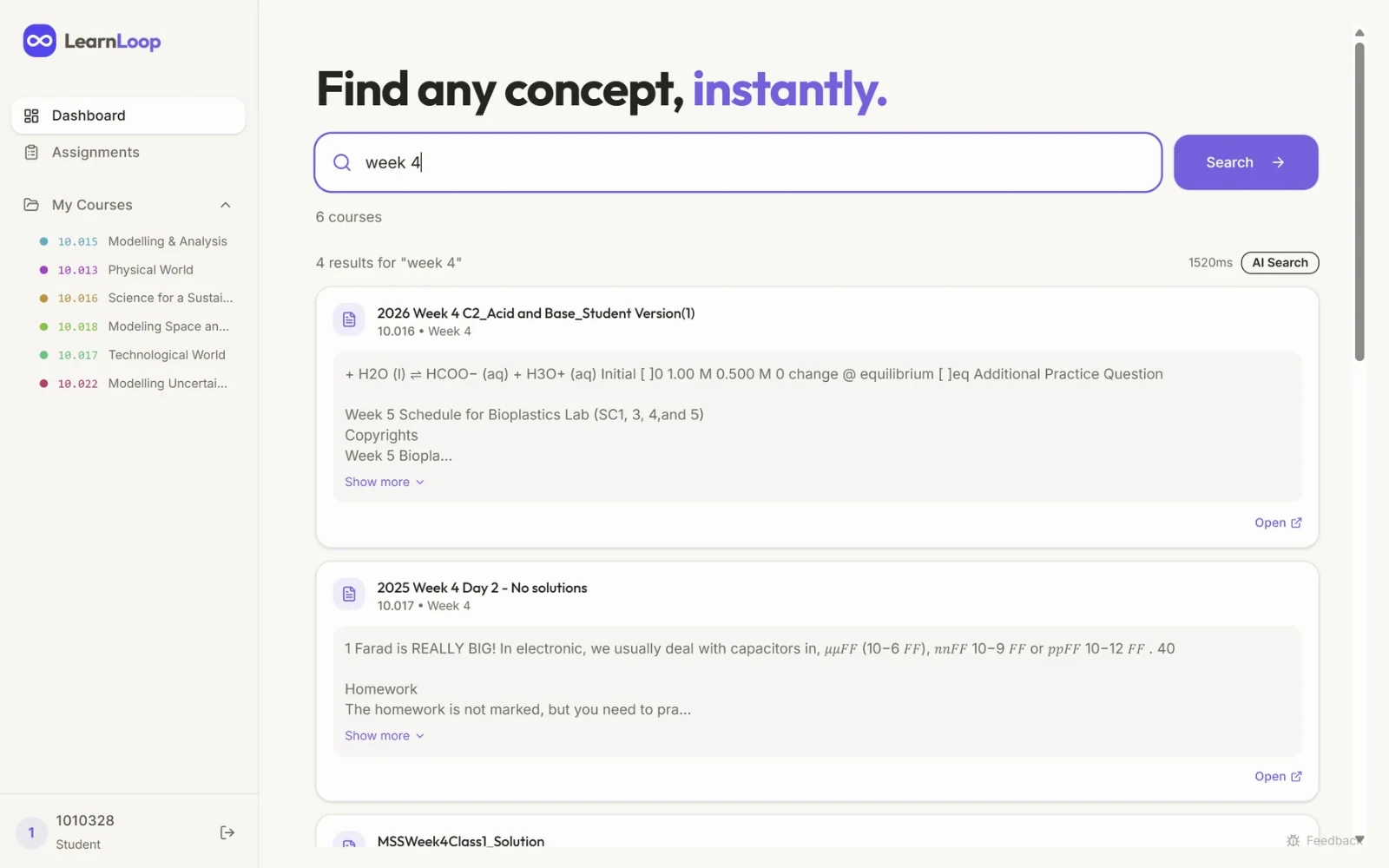 LearnLoop search finding approved course material inside SUTD's learning platform