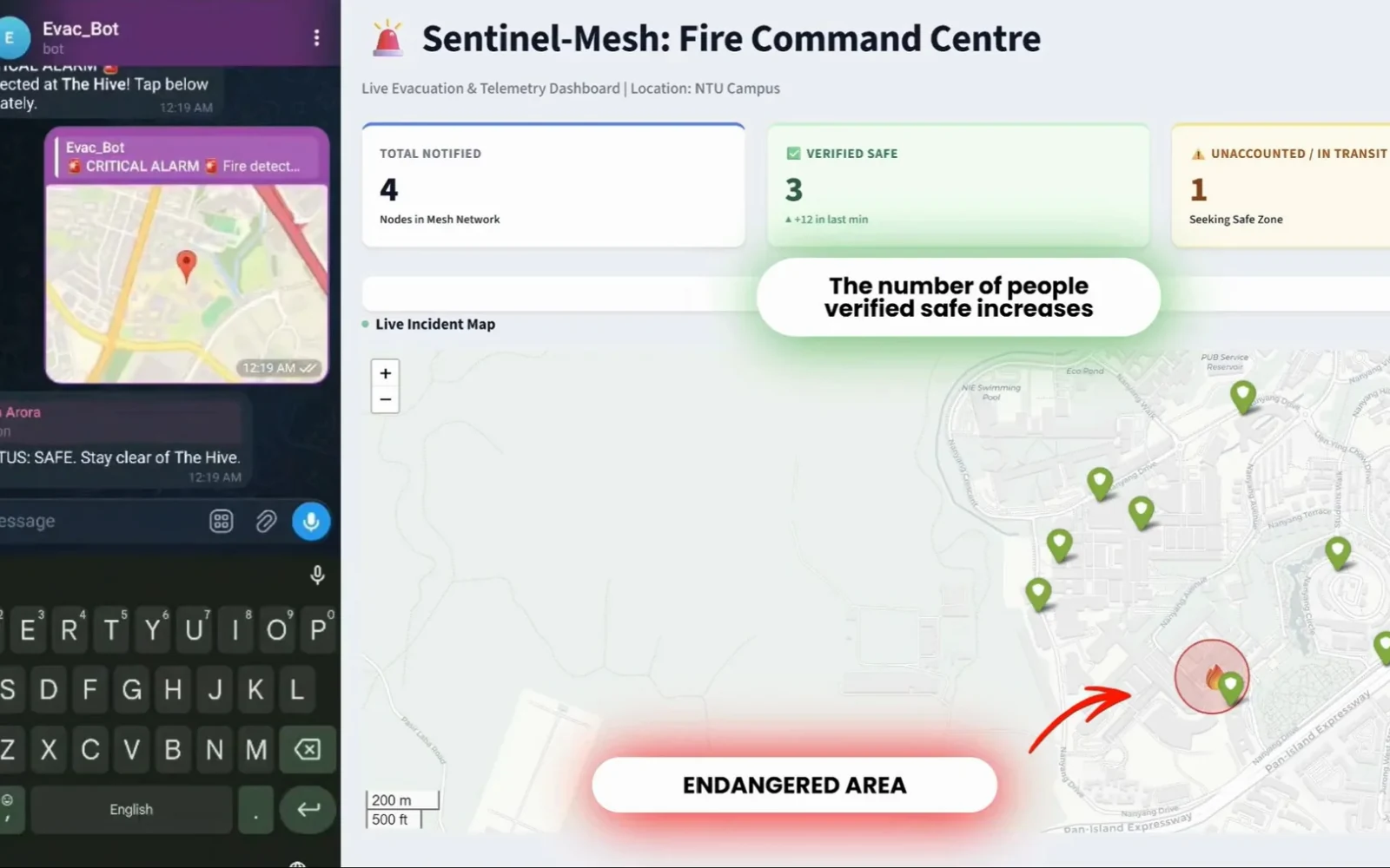 SafeEdge command centre tracking an alert and people moving to safety