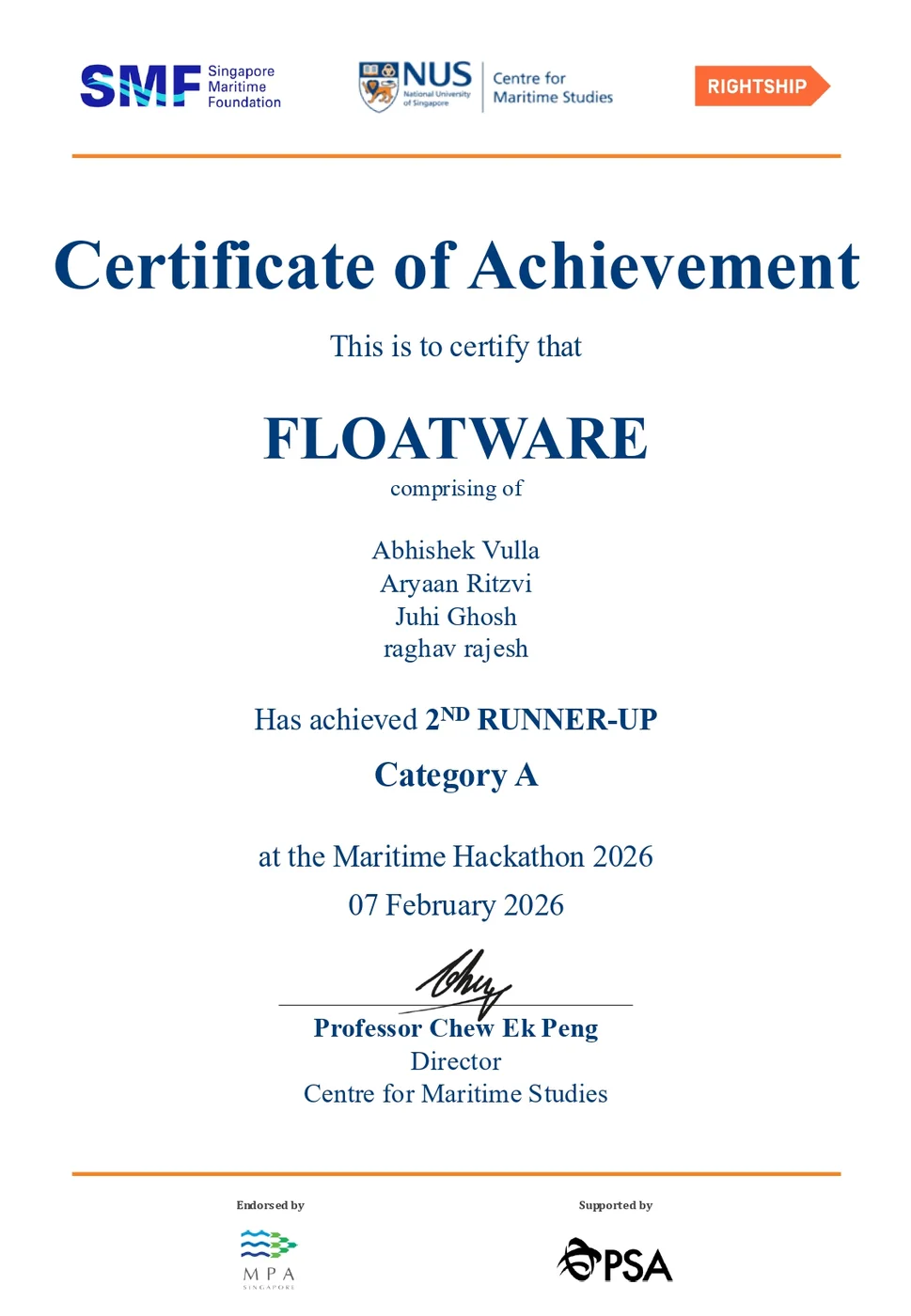 Floatware 2nd Runner-Up certificate from the NUS Maritime Hackathon