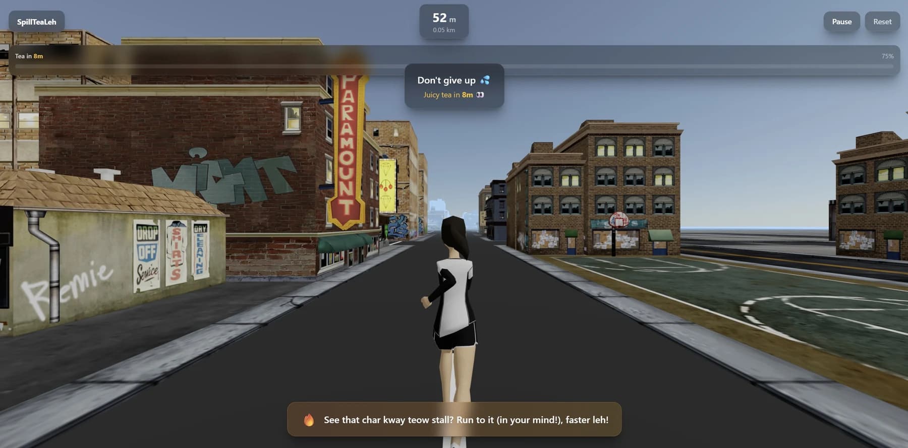 SpillTeaLeh running through a Singapore-flavoured 3D city