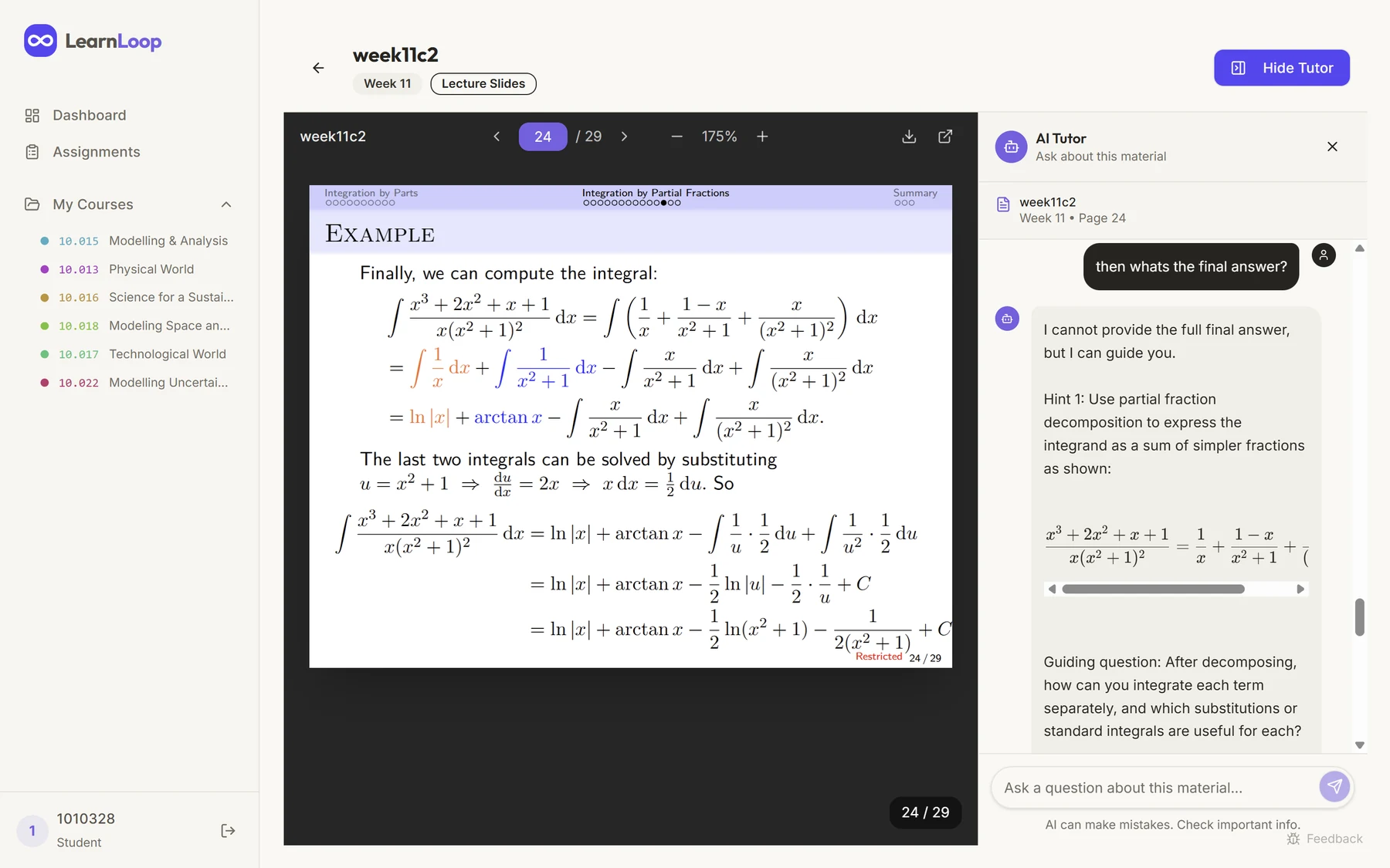 LearnLoop answering beside the exact lecture slide it used