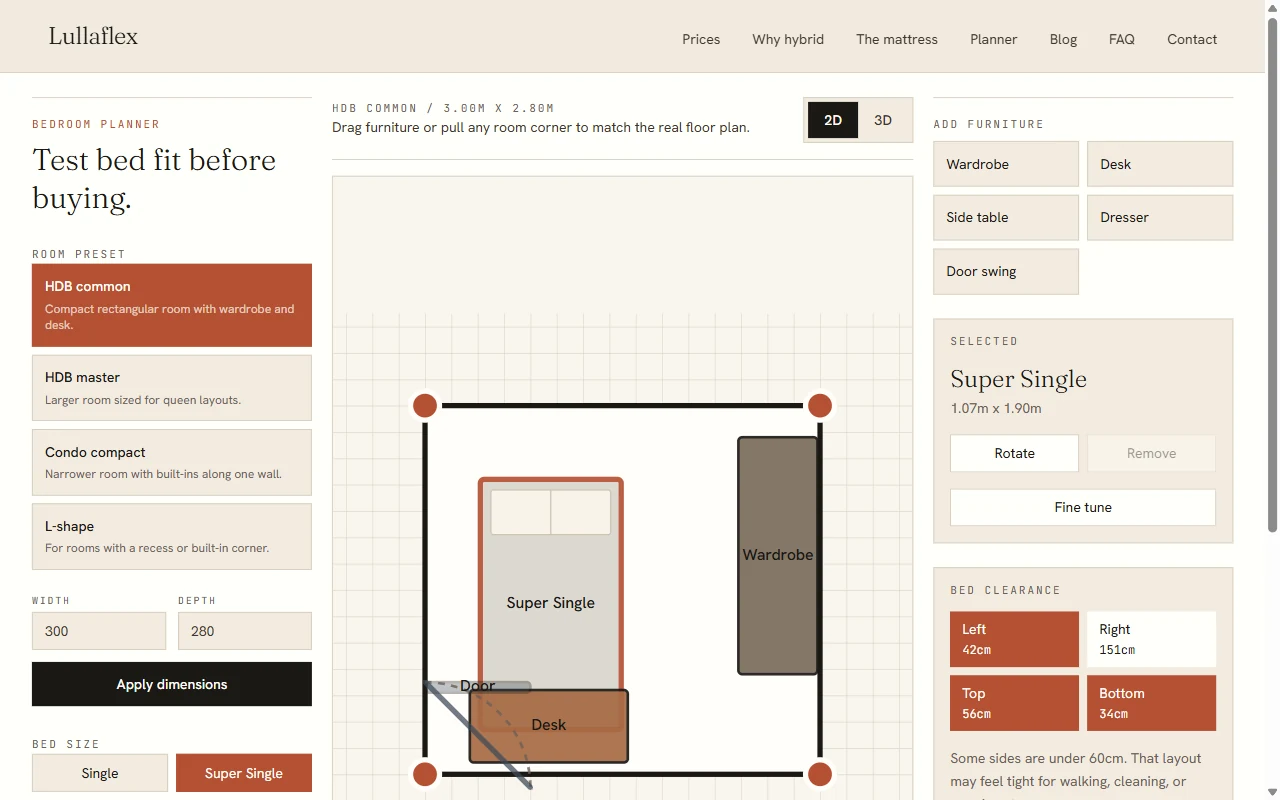 Lullaflex bedroom planner with Singapore room presets and mattress dimensions